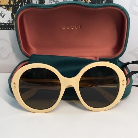 New ✨ Authentic Gucci GG1081S 004 Round Sunglasses – Yellow Frame with Brown Len - Picture 4 of 14